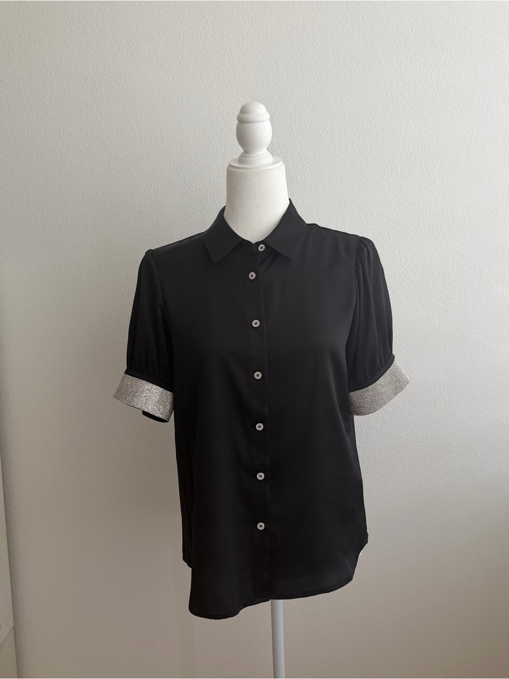 Karl Lagerfeld Paris Black Satin Rhinestone Cuff Blouse - Size Small